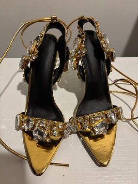 Gold Jeweled Women's High Heel Sandals with Crystal Embellishments